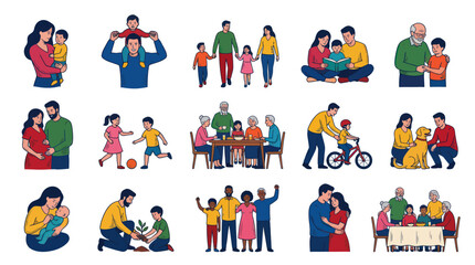 Fototapeta premium Family Lifestyle Flat Vector Illustrations: Diverse People, Parents, Children, Grandparents, and Community Set