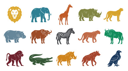 Obraz premium African Safari Wild Animals Collection: Flat Vector Icons of Elephant, Lion, Giraffe, Rhino More Wildlife