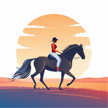 Elegant female rider on horseback in a serene sunset landscape, showcasing grace and equestrian passion