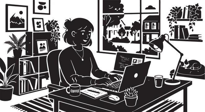 Freelancer working on laptop at cozy home desk, clean 2D vector illustration