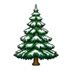 Obraz premium Pixel Art Pine Tree Covered in Winter Snow Christmas Tree Holiday Asset