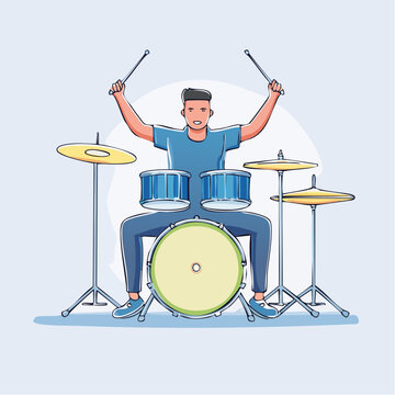 Musician playing drum set with drumsticks during a music performance