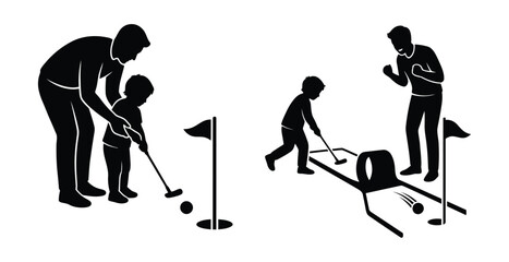 Naklejka premium Black silhouette of father and son playing golf Vector