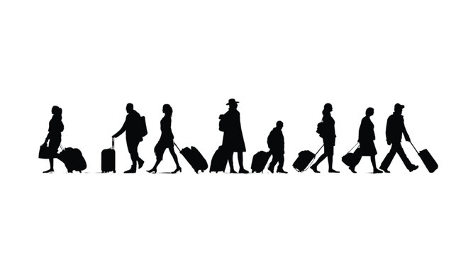 Commuters carrying various pieces of luggage traverse a white field in a sequence of black shapes that serve as a versatile graphical element for modern transit and logistics visual communications.