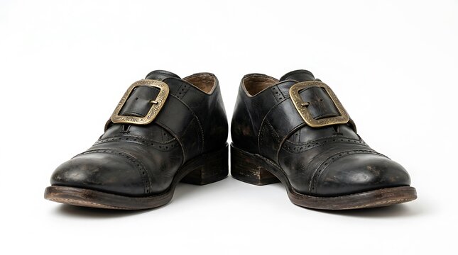 Vintage Black Leather Pilgrim Shoes with Brass Buckles on White
