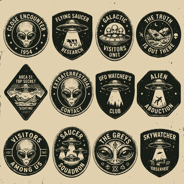 Retro monochrome extraterrestrial and UFO research themed badge set.
