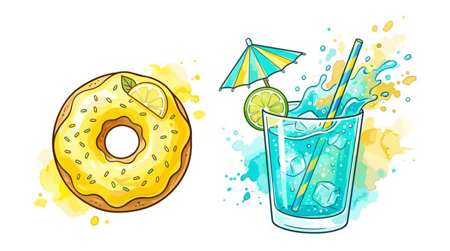 Watercolor illustration of a glazed donut and blue cocktail.