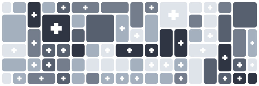 Geometric background with monochrome rounded squares. Abstract shapes of smooth rectangles stained glass style mosaic pattern for trendy landing page with black border lines.