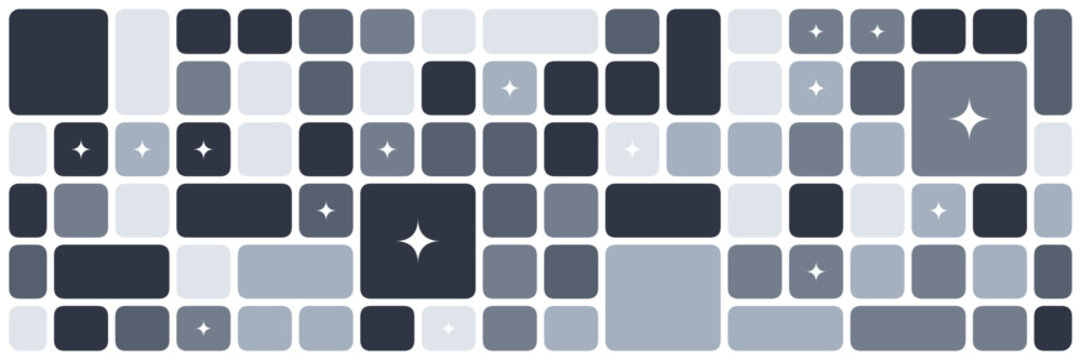 Geometric background with monochrome rounded squares. Abstract shapes of smooth rectangles stained glass style mosaic pattern for trendy landing page with black border lines.