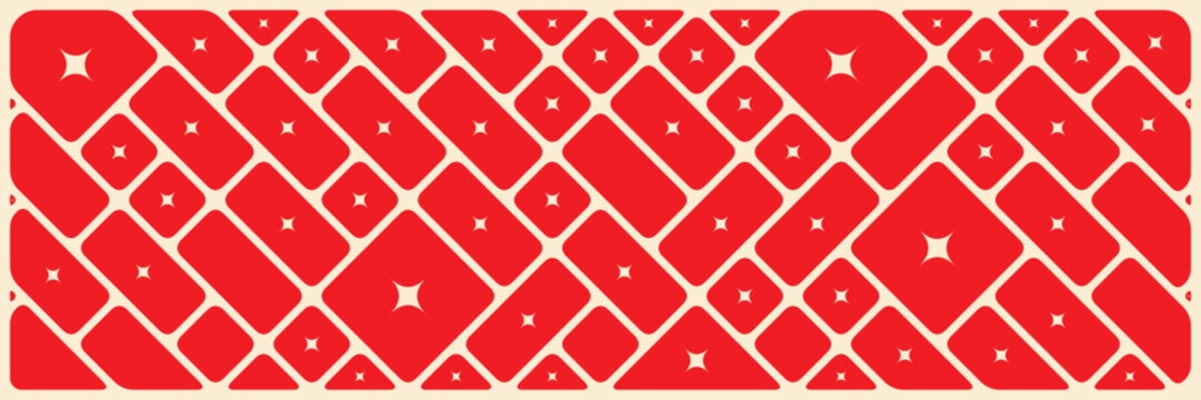 Geometric background with Vibrant red geometric  pattern rounded squares. Abstract shapes of smooth rectangles stained glass style mosaic pattern for trendy landing page with black border lines