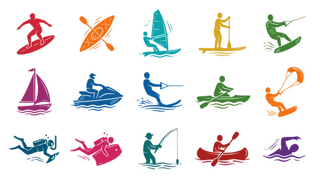 Textured Glyph Vector Icons Set of Various Water Sports and Summer Recreation Activities