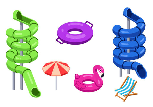 Isometric Water Park and Summer Vacation Element Set: Spiral Slides, Flamingo Float, Inflatable Ring, Beach Umbrella, and Deck Chair