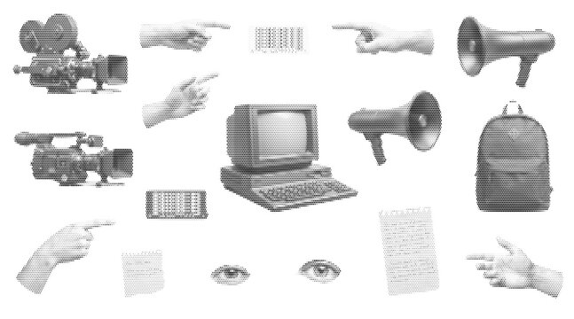 Collection of 23 retro halftone collage elements and stickers isolated on white background