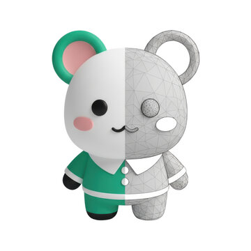 3D modeling wireframe and render of a cute cartoon mouse character with split design