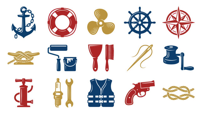 Nautical Icons Set: Anchor, Compass, Lifebuoy, Ship Wheel, Rope, Gun, Boat Equipment