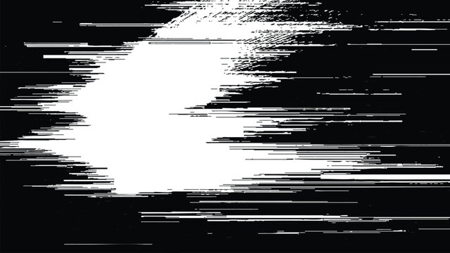Glitchy white light streaks on a black background with horizontal lines digital distortion