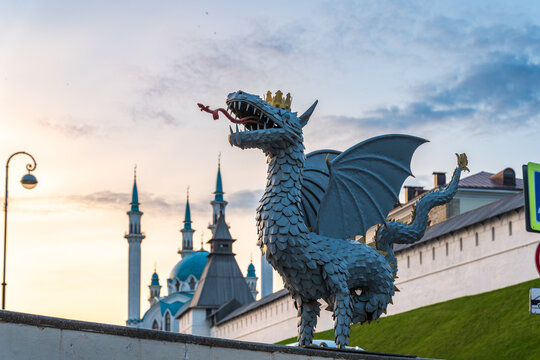 Dragon Zilant - the symbol of the city of Kazan and the Kul Sharif mosque of the Kazan Kremlin. Russia. Summer evening view