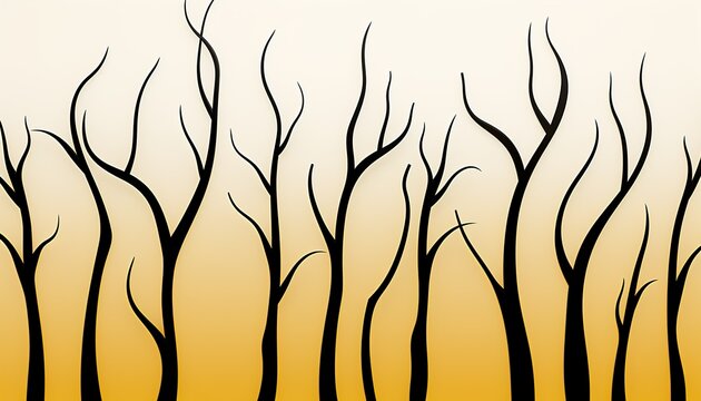 A minimalist illustration of bare trees against a gradient sunset background
