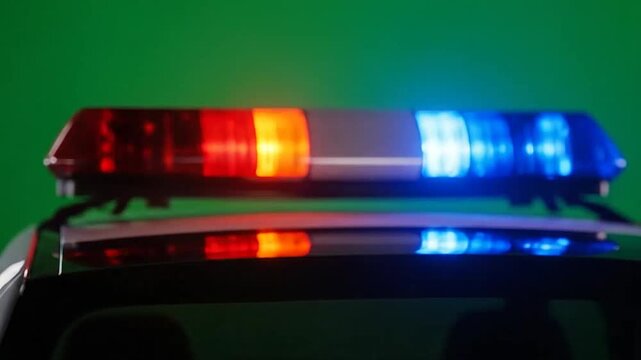 Bright red and blue emergency lights on top of a vehicle roof