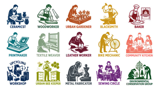 Set of Craft  Trade Icons: Ceramicist, Woodworker, Gardener, Blacksmith, Baker, Printmaker, Weaver, Leather Worker, Bike Mechanic, Community Kitchen