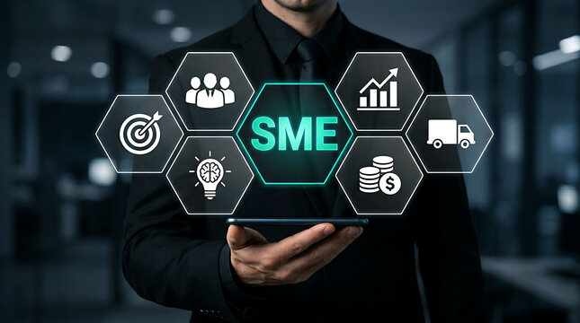 Businessman holding phone with SME concept virtual screen icons for small business