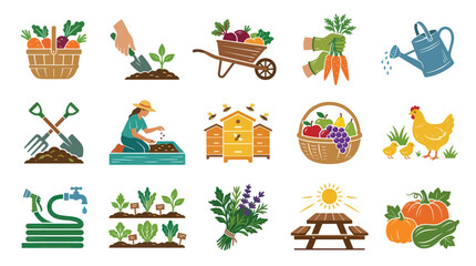 Fototapeta premium Vector Flat Style Icons Set for Gardening, Farming and Healthy Food Collection