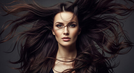 Naklejka premium Stunning portrait of brunette woman with flowing hair perfect for professional beauty fashion and creative salon styling plan