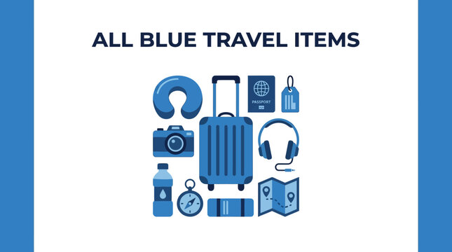 Collection of blue travel essentials and accessories for a journey, including a camera, passport, headphones, and luggage