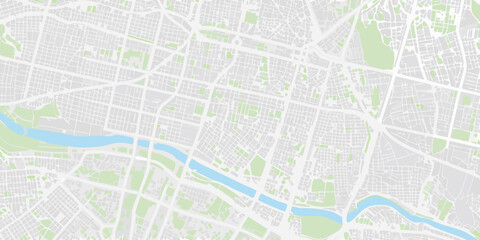 Fototapeta premium City map illustration with gray buildings green parks and blue waterways top down perspective aerial