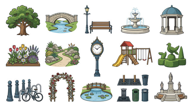 Park  Garden Elements Vector Icons: Tree, Bridge, Fountain, Bench, Clock, Playground