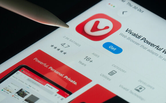 Dhaka, Bangladesh- 30 Oct 2025: Vivaldi Browser app on a iPad screen with a pen pointing at the install option.