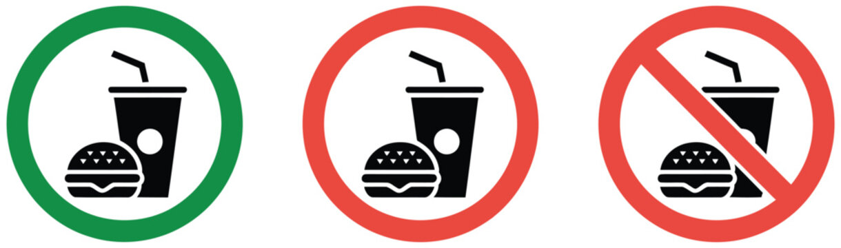 No food no drink allowed sign icons featuring red prohibition circles and green permission symbols for workplace safety instructions, public facility regulations, restaurant policies, and hygiene comp