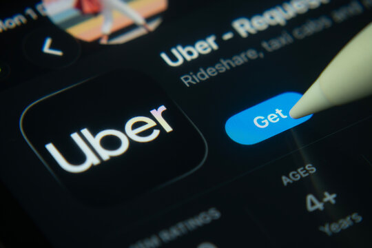 Dhaka, Bangladesh- 01 Dec 2025: A close-up of the Uber app icon in the App Store on an iPad screen.