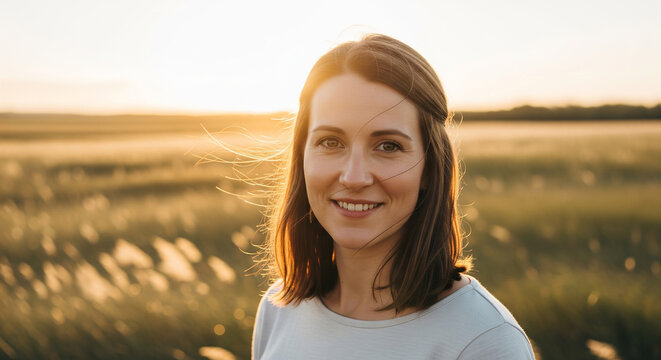 Cheerful female smiling warmly in golden field perfect for creative natural harmony and professional joyful lifestyle concepts