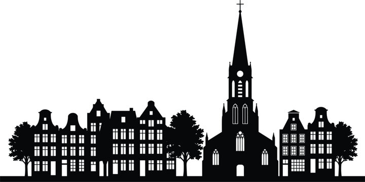European amsterdam old town city skyline silhouette vector with traditional houses trees and christian church spire landmark