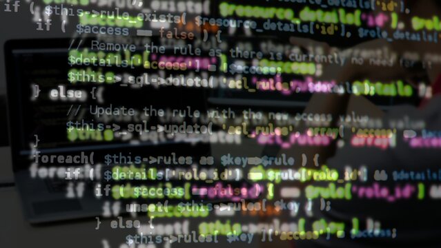 Computer Monitor Screen with Colorful Programming Code Lines Blurred Background Close Up
