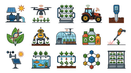 Fototapeta premium Smart Farming Technology Icons: Drone, Robot, Tractor, Hydroponics, DNA, Solar