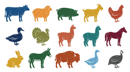 Naklejka premium Farm Animals Vector Icons Set - Agriculture Livestock Glyph Silhouettes