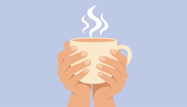 Close up of human hands holding a warm mug of steaming coffee or tea against a soft blue background for morning relaxation.