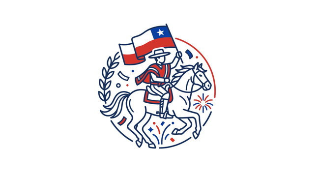 Cowboy riding horse with Texas flag in festive scene