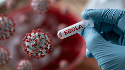 Fototapeta premium Ebola Virus: A gloved hand holds a vial labeled EBOLA amidst a microscopic view of the virus.