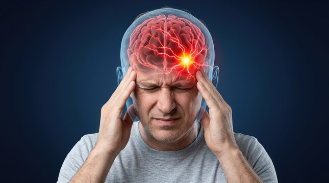 Male figure experiencing headache with highlighted brain area, visualizing pain and discomfort, against a dark blue background emphasizing medical context and neurological focus