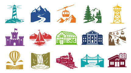 Obraz premium Flat Vector Icons of Travel and Adventure Landmarks, Scenic Views, Transportation