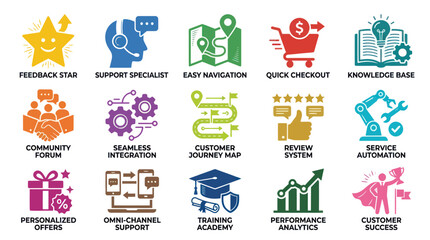 Fototapeta premium Business Customer Service Icons: Feedback, Support, Automation, Success