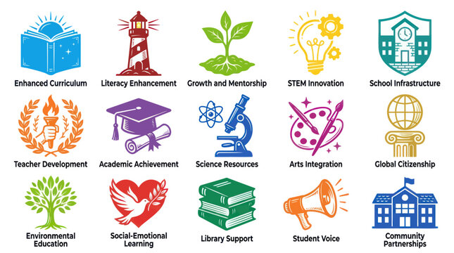 Set of Flat Vector Education Icons: Curriculum, Literacy, STEM, Arts, Development, School, and Learning Concepts