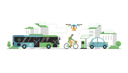 Obraz premium Future smart city landscape showing green energy solutions like electric buses, cars, and delivery drones in an urban area.