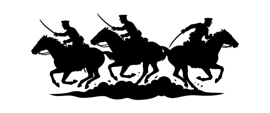 Black silhouette of three soldiers riding horses at full gallop with swords in hand representing a historical cavalry charge in a battle isolated on transparent background, Vector