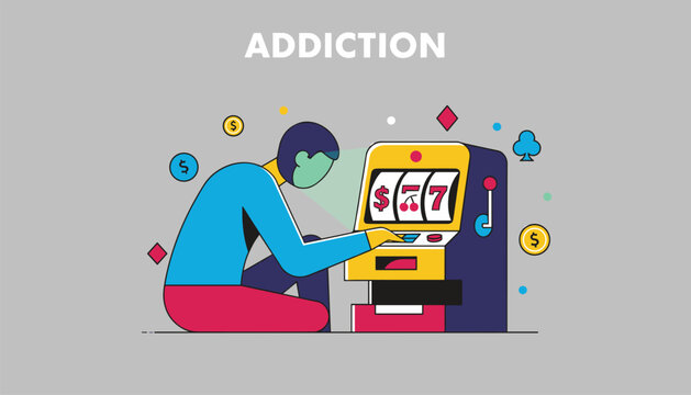 Concept of gambling addiction showing a person intensely playing a slot machine with dollar and casino symbols around.