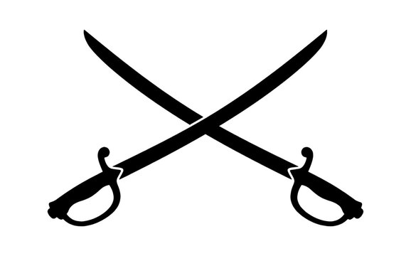 Two crossed swords icon showing a black silhouette of classic metal blades used for fighting or dueling in historical battles isolated on transparent background, Vector