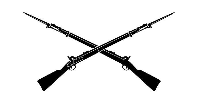 Two crossed vintage muskets with bayonets in a classic military style icon design isolated on transparent background, Vector